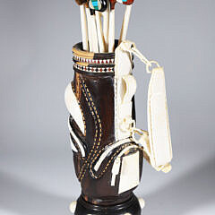 Miniature Carved Ebony Golf Bag with Clubs, Accompanied by Ebony Stand and Carved Golf Ball