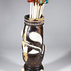 Miniature Carved Ebony Golf Bag with Clubs, Accompanied by Ebony Stand and Carved Golf Ball