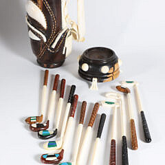 Miniature Carved Ebony Golf Bag with Clubs, Accompanied by Ebony Stand and Carved Golf Ball
