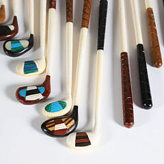 Miniature Carved Ebony Golf Bag with Clubs, Accompanied by Ebony Stand and Carved Golf Ball