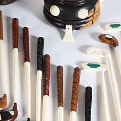 Miniature Carved Ebony Golf Bag with Clubs, Accompanied by Ebony Stand and Carved Golf Ball