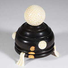 Miniature Carved Ebony Golf Bag with Clubs, Accompanied by Ebony Stand and Carved Golf Ball