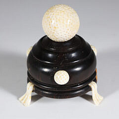 Miniature Carved Ebony Golf Bag with Clubs, Accompanied by Ebony Stand and Carved Golf Ball