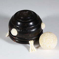 Miniature Carved Ebony Golf Bag with Clubs, Accompanied by Ebony Stand and Carved Golf Ball
