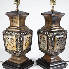 Pair of Chinese Filigree Brass and Carved Stone Lamps