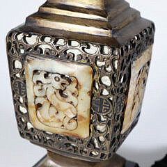 Pair of Chinese Filigree Brass and Carved Stone Lamps