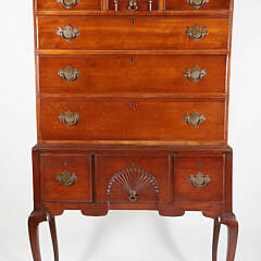 Antique Mahogany Queen Anne Style Highboy, 19th Century, carved shells on upper and lower case, chippendale style hardware, associated top and base