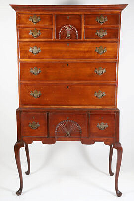 Antique Mahogany Queen Anne Style Highboy, 19th Century, carved shells on upper and lower case, chippendale style hardware, associated top and base