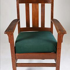 Arts and Crafts Mission Oak Armchair with Green Cushion
