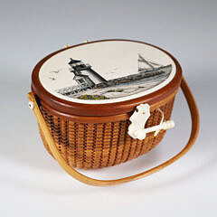 Terry Sylvia Miniature Nantucket Friendship Basket, depicting a polychrome Scrimshaw View of "Brant Point"