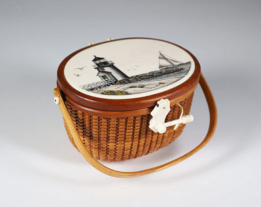 Terry Sylvia Miniature Nantucket Friendship Basket, depicting a polychrome Scrimshaw View of "Brant Point"