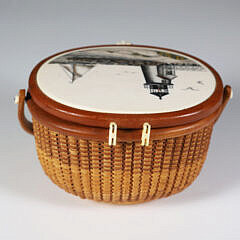 Terry Sylvia Miniature Nantucket Friendship Basket, Depicting a Polychrome Scrimshaw View of “Brant Point”