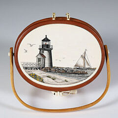 Terry Sylvia Miniature Nantucket Friendship Basket, Depicting a Polychrome Scrimshaw View of “Brant Point”