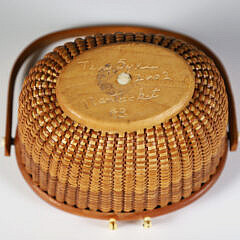 Terry Sylvia Miniature Nantucket Friendship Basket, Depicting a Polychrome Scrimshaw View of “Brant Point”