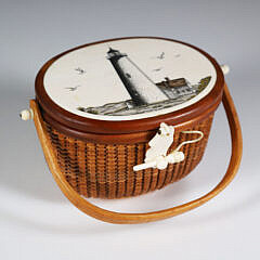 Terry Sylvia Miniature Nantucket Friendship Basket, depicting a polychrome Scrimshaw View of "Great Point"