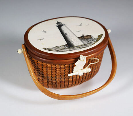 Terry Sylvia Miniature Nantucket Friendship Basket, depicting a polychrome Scrimshaw View of "Great Point"