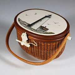 Terry Sylvia Miniature Nantucket Friendship Basket, Depicting a Polychrome Scrimshaw View of “Great Point”