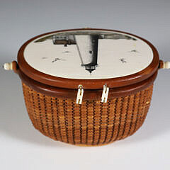 Terry Sylvia Miniature Nantucket Friendship Basket, Depicting a Polychrome Scrimshaw View of “Great Point”