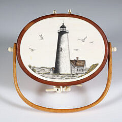 Terry Sylvia Miniature Nantucket Friendship Basket, Depicting a Polychrome Scrimshaw View of “Great Point”