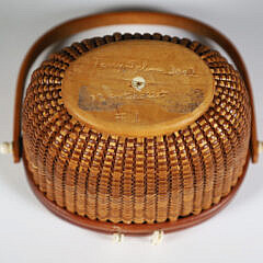 Terry Sylvia Miniature Nantucket Friendship Basket, Depicting a Polychrome Scrimshaw View of “Great Point”