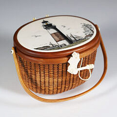 Terry Sylvia Nantucket Covered Basket, with Scrimshaw View "Scrimshaw View"
