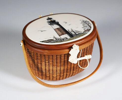 Terry Sylvia Nantucket Covered Basket, with Scrimshaw View "Scrimshaw View"