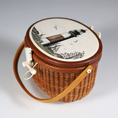 Terry Sylvia Miniature Nantucket Friendship Basket, with Polychrome Scrimshaw View of “Sankaty Light”