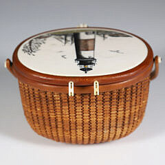 Terry Sylvia Miniature Nantucket Friendship Basket, with Polychrome Scrimshaw View of “Sankaty Light”