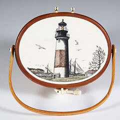 Terry Sylvia Miniature Nantucket Friendship Basket, with Polychrome Scrimshaw View of “Sankaty Light”