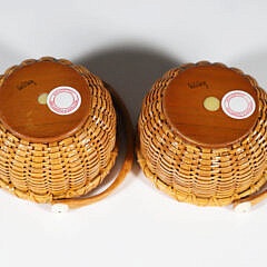 Pair of Paul Willer Nantucket Basket Woven Open Salts with Swing Handles and Cobalt Glass Liners