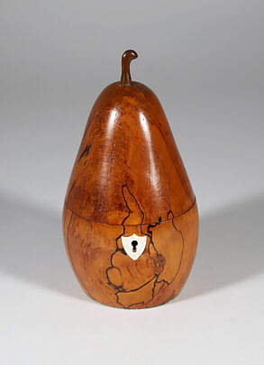 Carved Wood Pear Tea Caddy With Bone Keyhole Escutcheon
