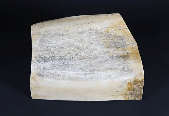 Antique Scrimshaw Pan Bone Section With View of Old Sherburne