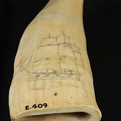 Scrimshaw Whale Tooth, “Folk Art Portrait of a Bark”, 19th Century