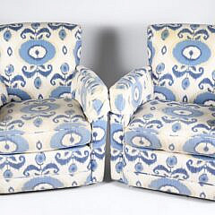 Pair of Lee Craftsmen Blue and White Batik Upholstered Swivel Armchairs