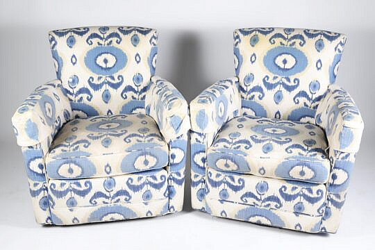 Pair of Lee Craftsmen Blue and White Batik Upholstered Swivel Armchairs