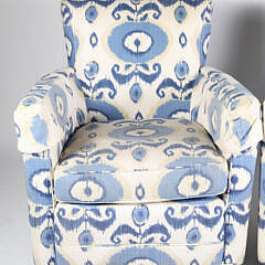 Pair of Lee Craftsmen Blue and White Batik Upholstered Swivel Club Chairs