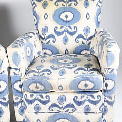 Pair of Lee Craftsmen Blue and White Batik Upholstered Swivel Club Chairs