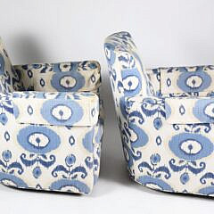Pair of Lee Craftsmen Blue and White Batik Upholstered Swivel Club Chairs