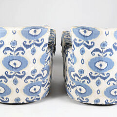 Pair of Lee Craftsmen Blue and White Batik Upholstered Swivel Club Chairs