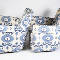 Pair of Lee Craftsmen Blue and White Batik Upholstered Swivel Club Chairs