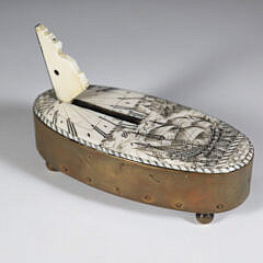 Contemporary Engraved Ivory and Brass Oval Sundial with Warship and Castle Decoration