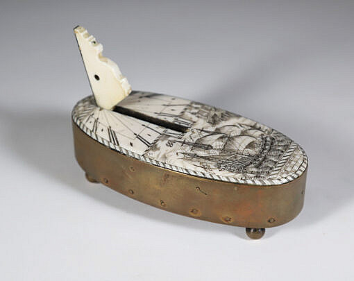 Contemporary Engraved Ivory and Brass Oval Sundial with Warship and Castle Decoration