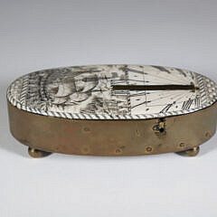 Vintage Miniature Engraved Bone and Brass Oval Sundial with Warship and Castle Decoration