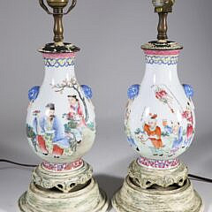 Pair of Antique Chinese Family Porcelain Vases Mounted as Lamps