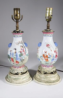 Pair of Antique Chinese Family Porcelain Vases Mounted as Lamps