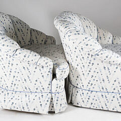 Pair of Polka Dot Upholstered Skirted Swivel Tub Chairs by Beachley