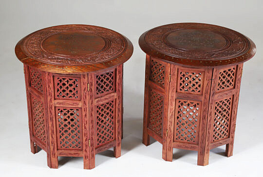 Pair of Teak Wood Brass Inlaid Side Tables