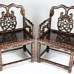 Pair of Chinese Mother of Pearl inlaid Teakwood Armchairs, 19th Century
