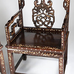 Pair of Chinese Mother of Pearl inlaid Teakwood Armchairs, 19th Century