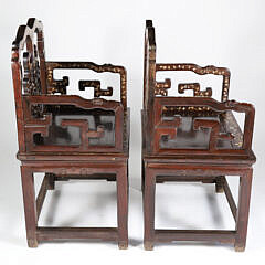Pair of Chinese Mother of Pearl inlaid Teakwood Armchairs, 19th Century